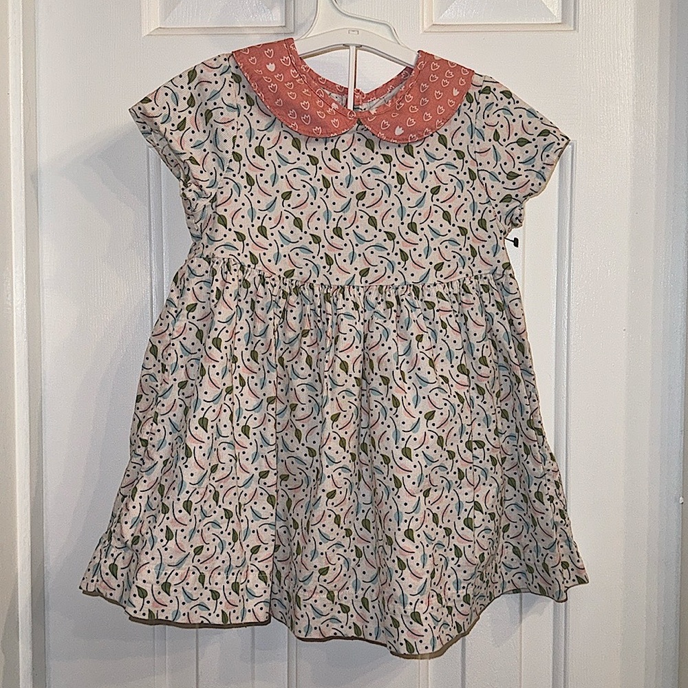 Petit Peony girls corduroy dress with leaves has short sleeves, Size 3 years